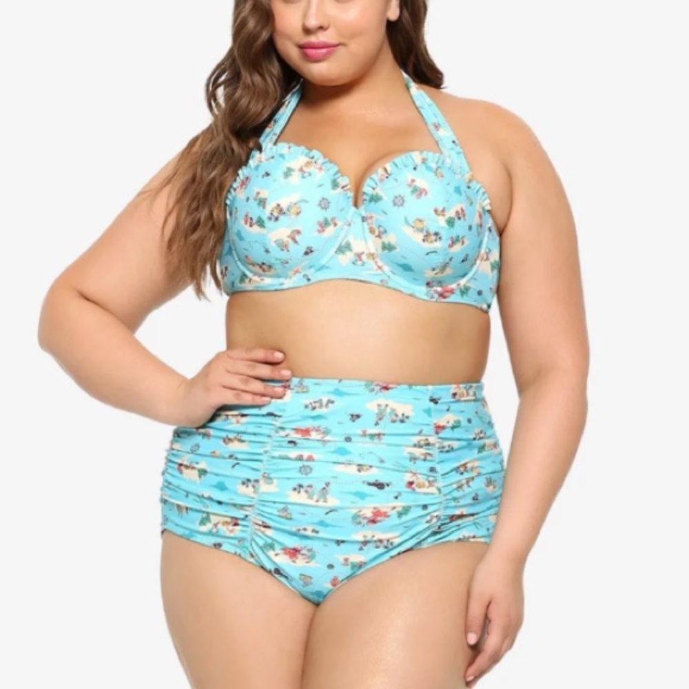 NWOT HotTopic Peter Pan Never Land Map Bikini Top & Hi-Waisted Swim Set